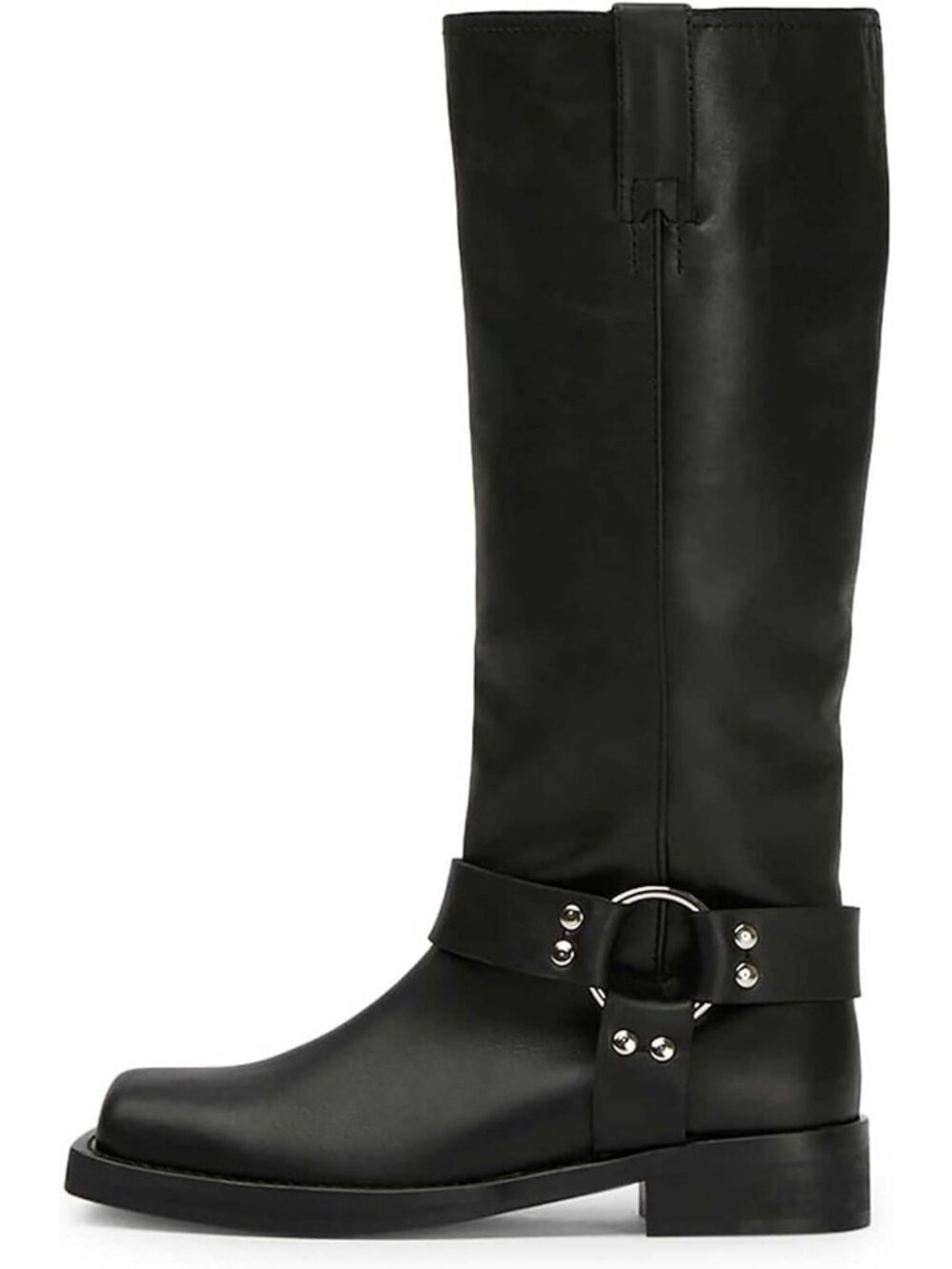 Women's Black Knee High Boots Square toe Low Heel Buckle Boots Pull-On Wide Calf